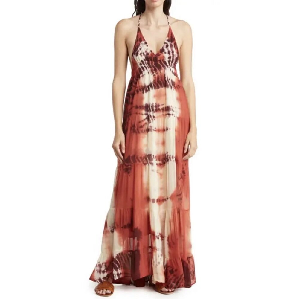 New Raga Ravi Anthropologie Tie Dyed Halter Maxi Dress In Rust Brown Size Large